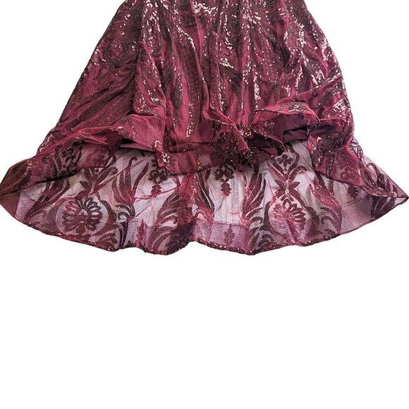 Burgundy Semi-Sheer Illusion Corset Bodice Formal Pageant Gown w/ Train Size 14 - Picture 6 of 9